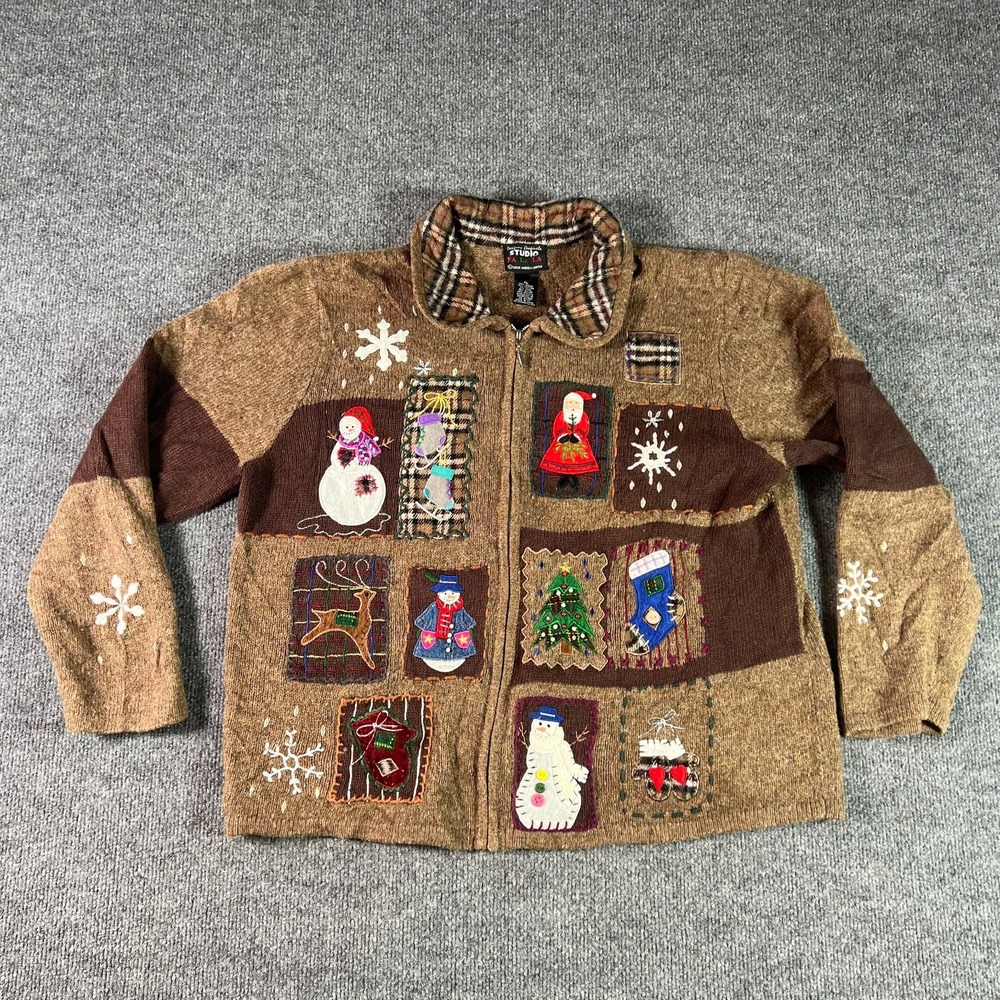 Designers Originals Studio Cardigan Sweater Women's XL Brown Full Zip Christmas